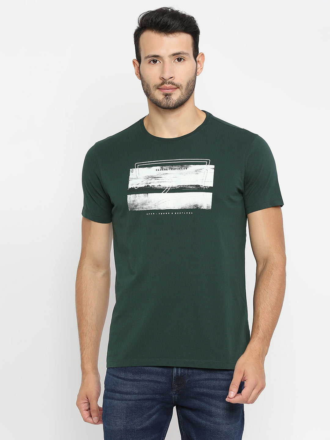 Spykar Bottle Green Cotton Half Sleeve Printed Casual T-Shirt For Men