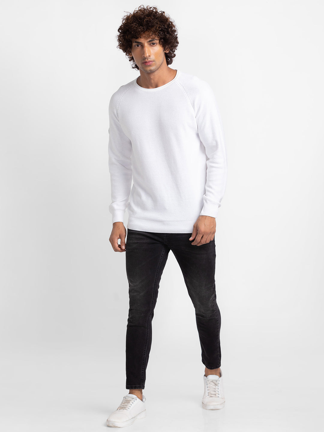 Spykar Ecru Cotton Full Sleeve Casual Sweater For Men