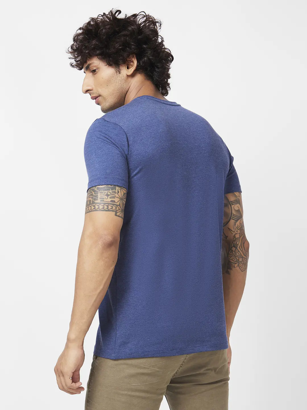 Spykar Men Navy Blue Melange Blended Slim Fit Half Sleeve Round Neck Printed Tshirt