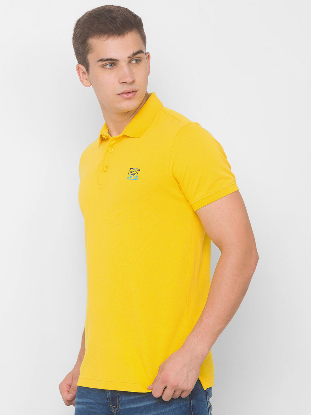 Spykar Men Yellow Cotton Slim Fit Polo T-Shirt