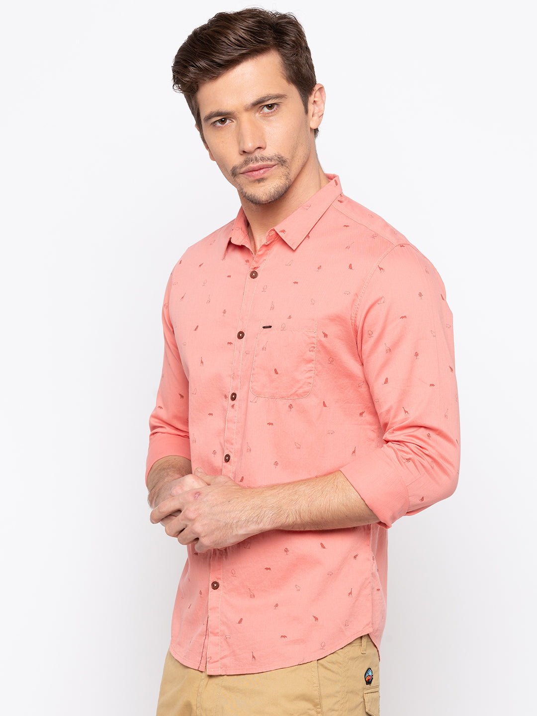 Spykar Pink Cotton Slim Fit Shirts For Men