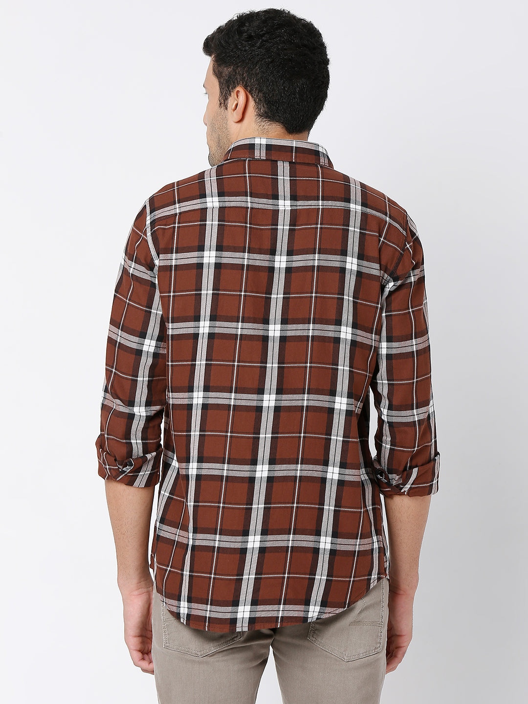 Spykar Men Brown Cotton Slim Fit Checkered Shirt