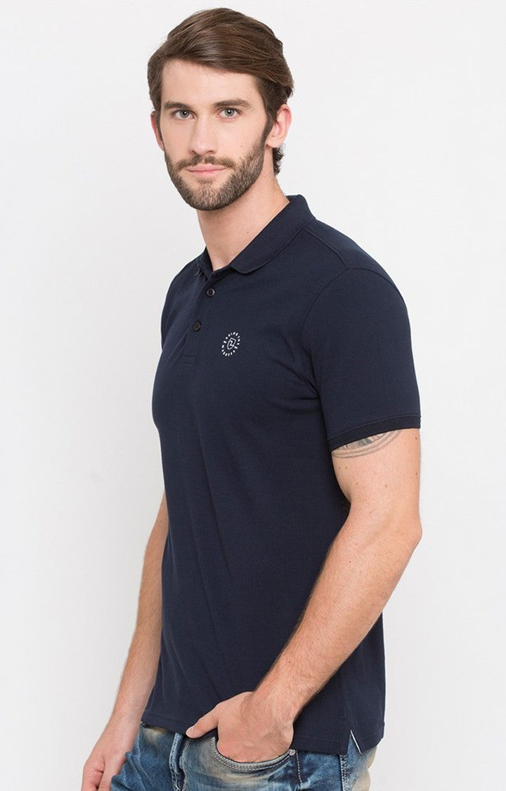 Spykar Blue Solid Slim Fit Polo T-Shirt