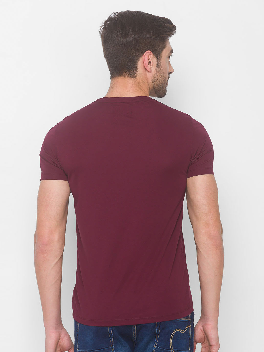 Spykar Men Red Cotton Blend Slim Fit Round Neck T-Shirt