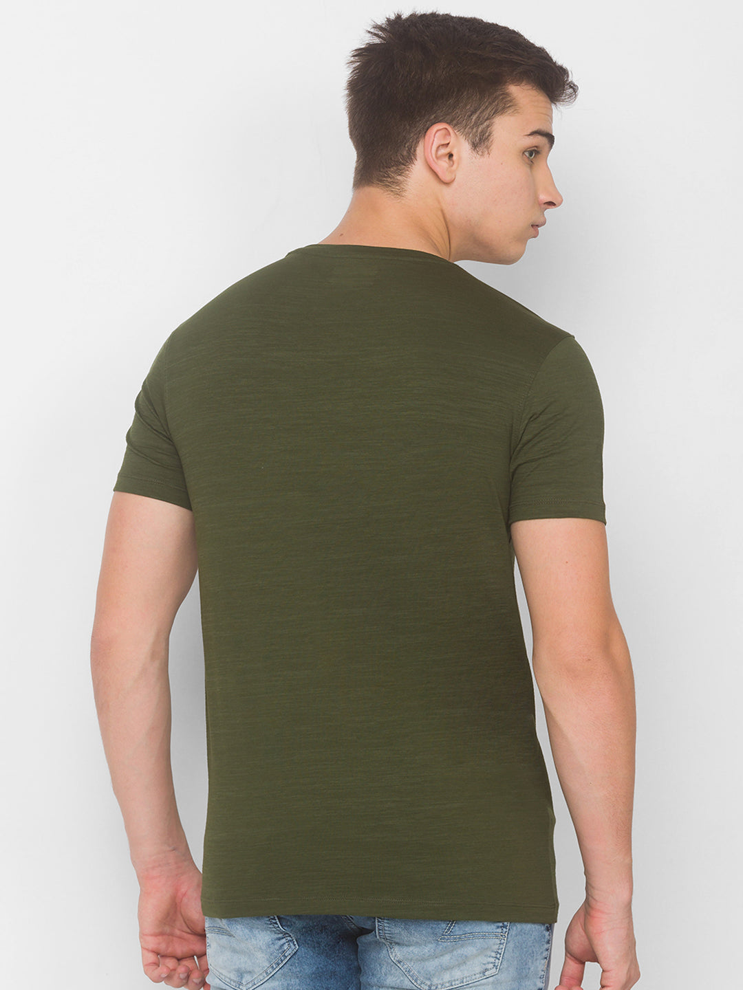 Spykar Men Green Cotton Slim Fit Round Neck T-Shirt