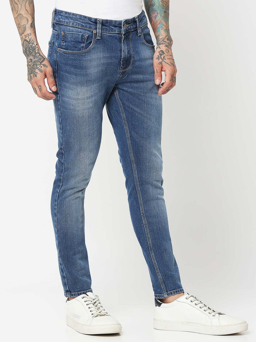 Spykar Men Mid Blue Cotton Slim Fit Tapered Length Jeans (Kano)