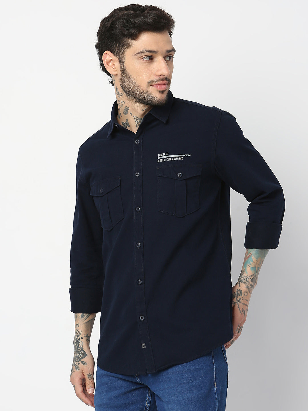 Spykar Men Navy Blue Cotton Slim Fit Plain Shirts