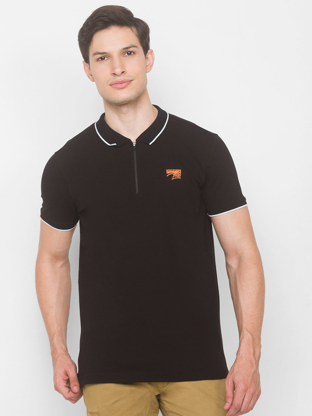 Spykar Men Black Cotton Slim Fit Polo T-Shirt