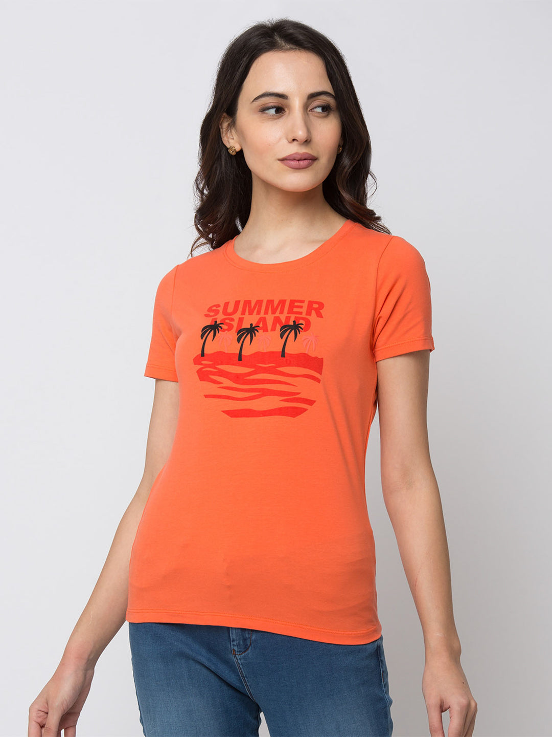 Spykar Women Orange Lycra Regular Round Neck T-Shirt