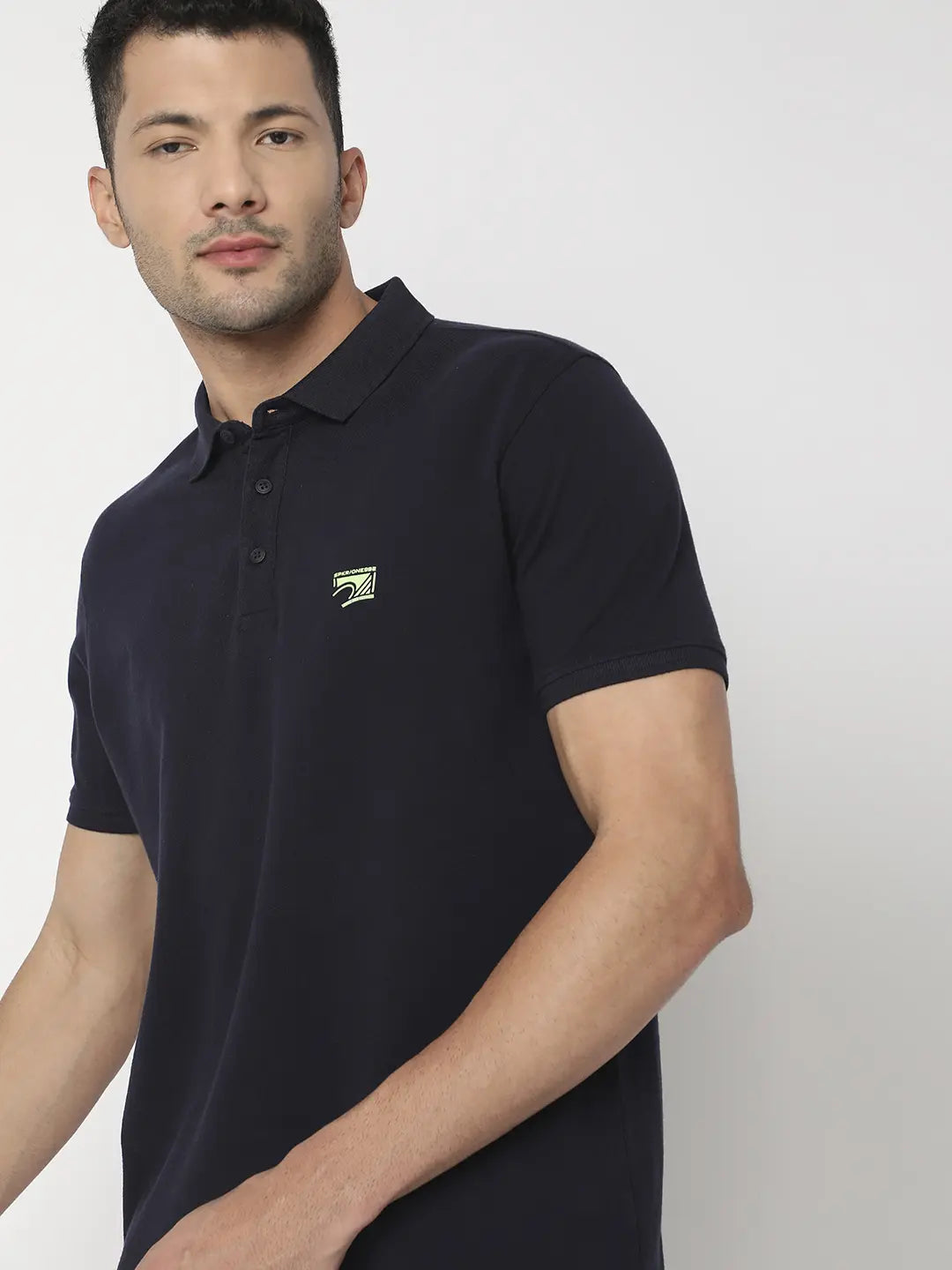 Spykar Men Navy Blue Cotton Regular Fit Plain Polo Tshirt