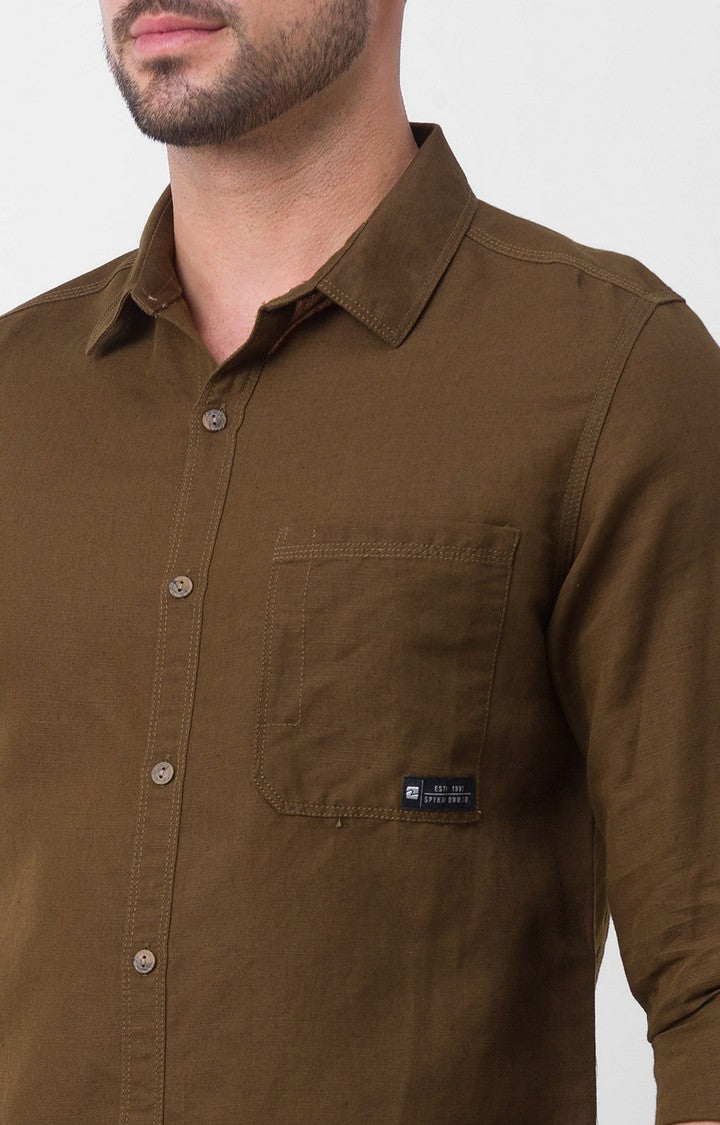 Spykar Military Green Cotton Full Sleeve Plain Shirt For Men