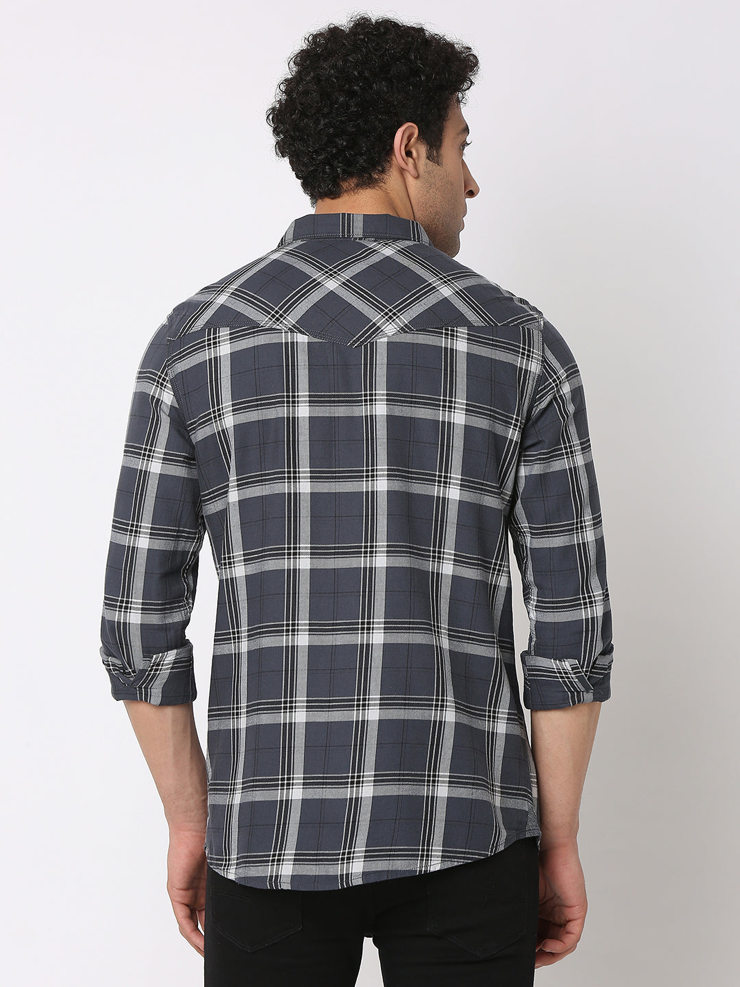 Spykar Men Charcoal Grey Cotton Regular Fit Checkered Shirts