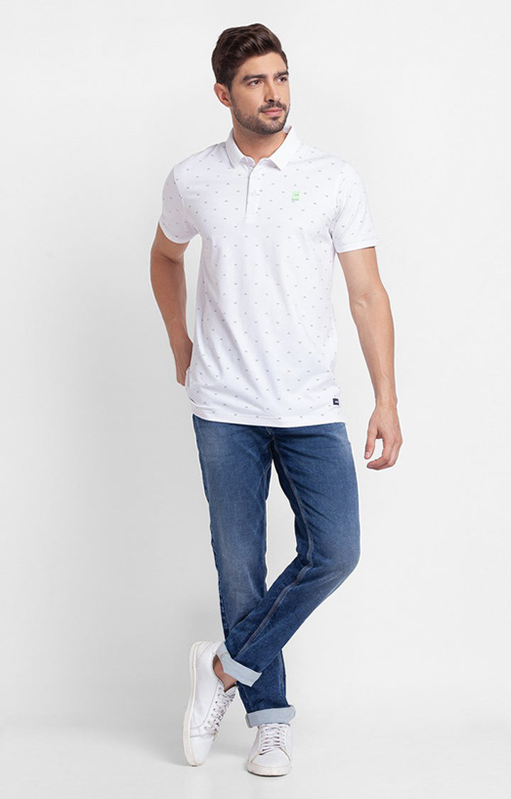 Spykar White Cotton Half Sleeve Printed Casual Polo T-Shirt For Men