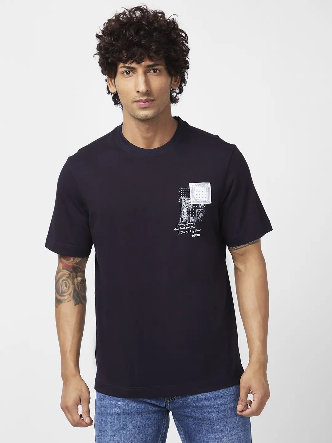 Spykar Men Navy Blue Cotton Comfort Fit Half Sleeve Round Neck Printed Tshirt