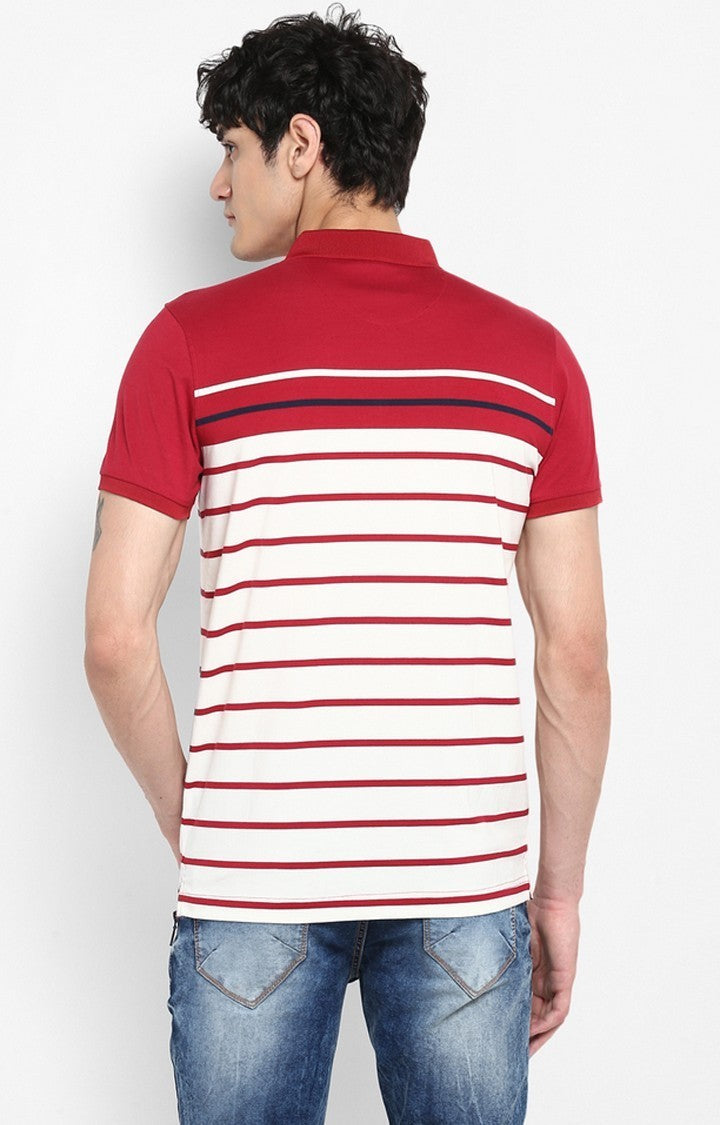 Spykar Wine and Red Striped Slim Fit Polo T-Shirt