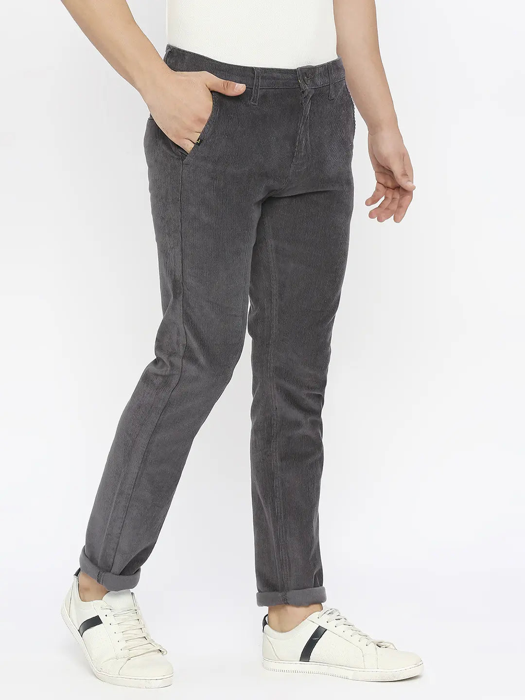 Regular waist straight leg corduroy trousers - Grey - Monki
