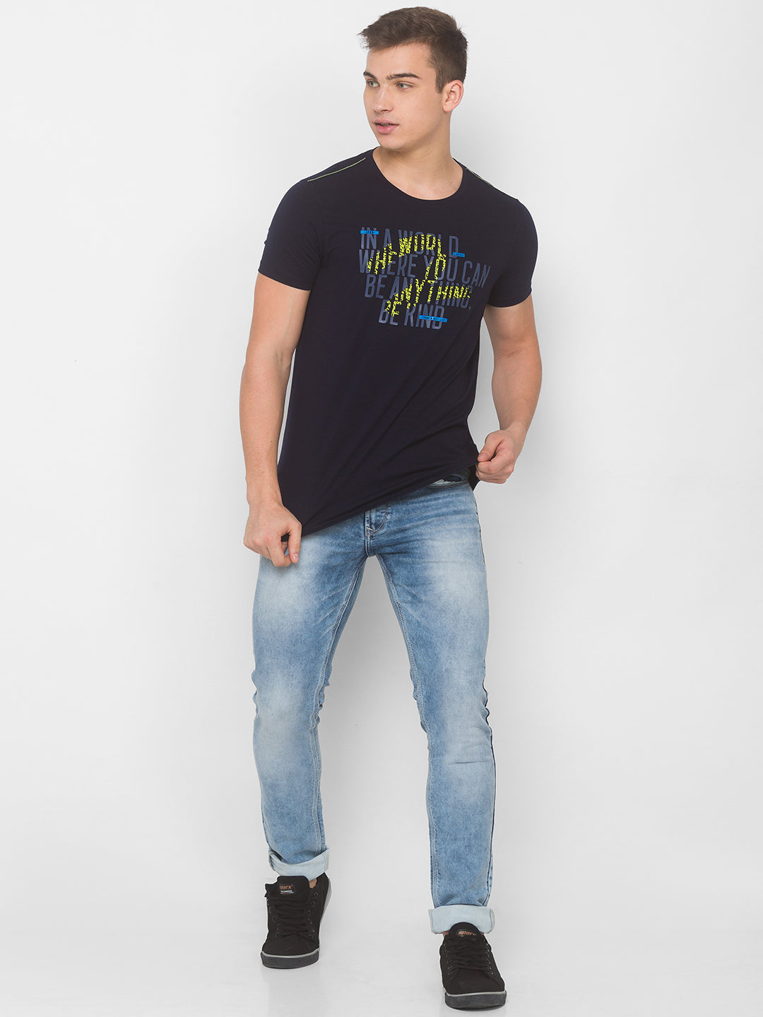 Spykar Men Blue Cotton Slim Fit Round Neck T-Shirt