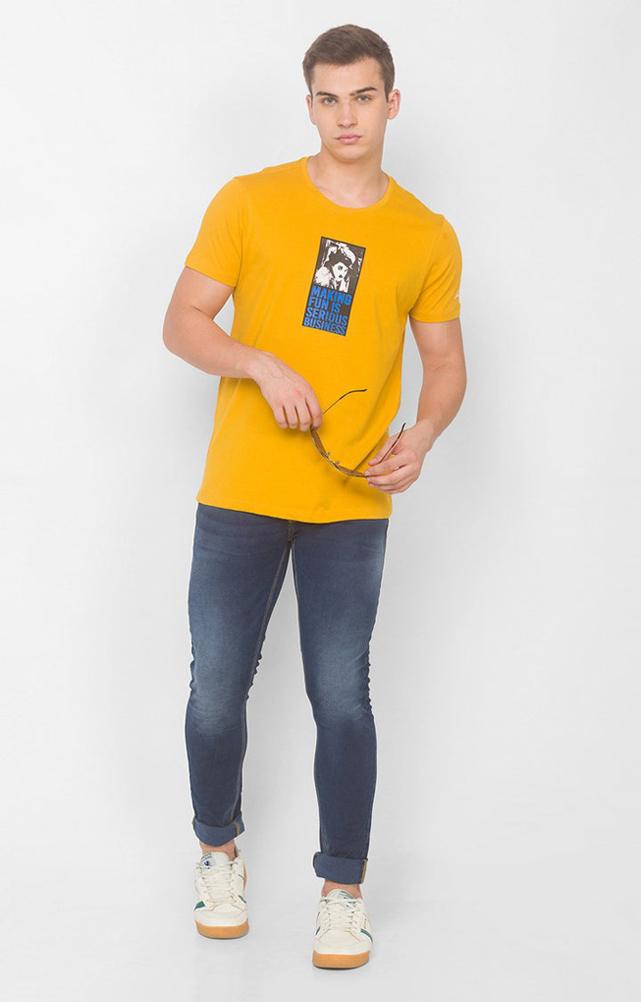 Charlie Chaplin Spykar Men Mustard Blended Slim Fit Printed Round Neck Tshirt