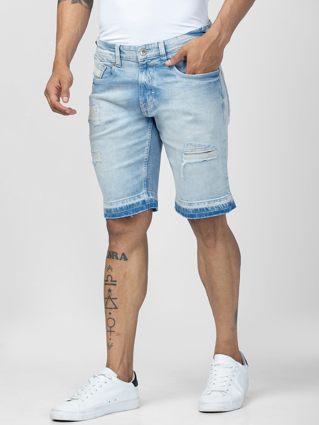 Spykar Men Light Blue Cotton Regular Fit Denim Shorts