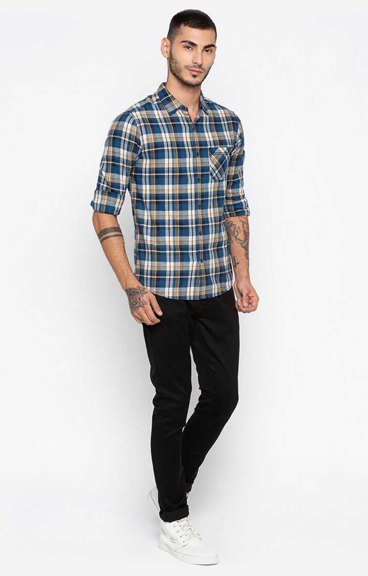 Spykar Men'S Blue Cotton Checked Casual Shirts