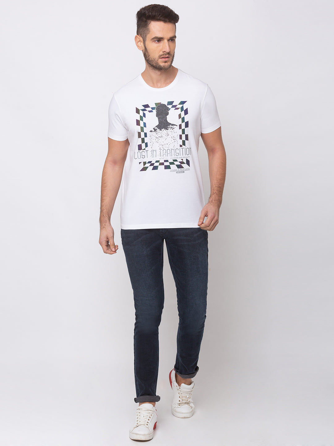 Spykar White Cotton Men T-Shirts