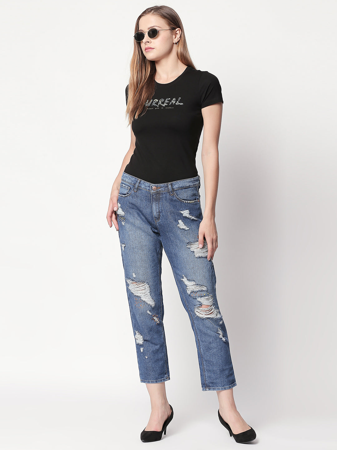 Spykar Mid Blue Ripped High Rise Jeans For Women