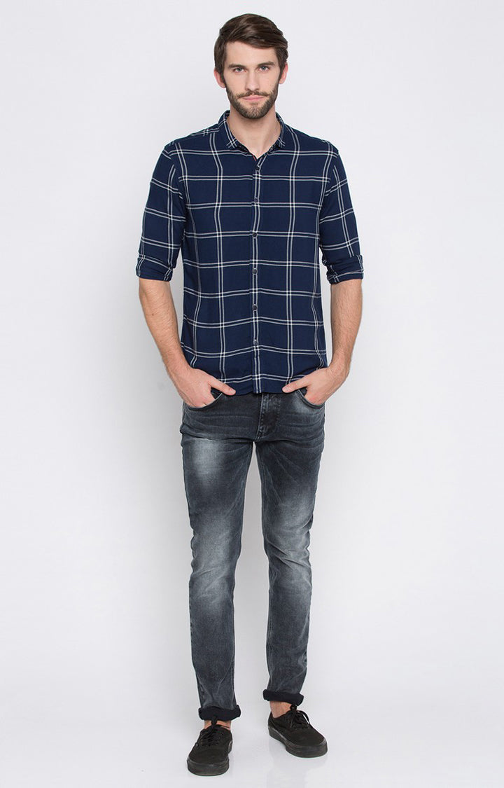 Spykar Men'S Blue Cotton Checked Casual Shirts