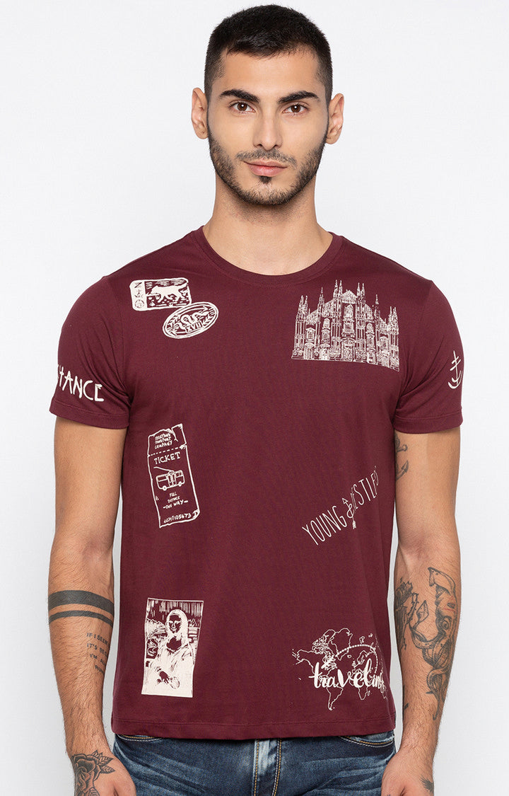 Spykar Wine Printed Slim Fit Men T-Shirts