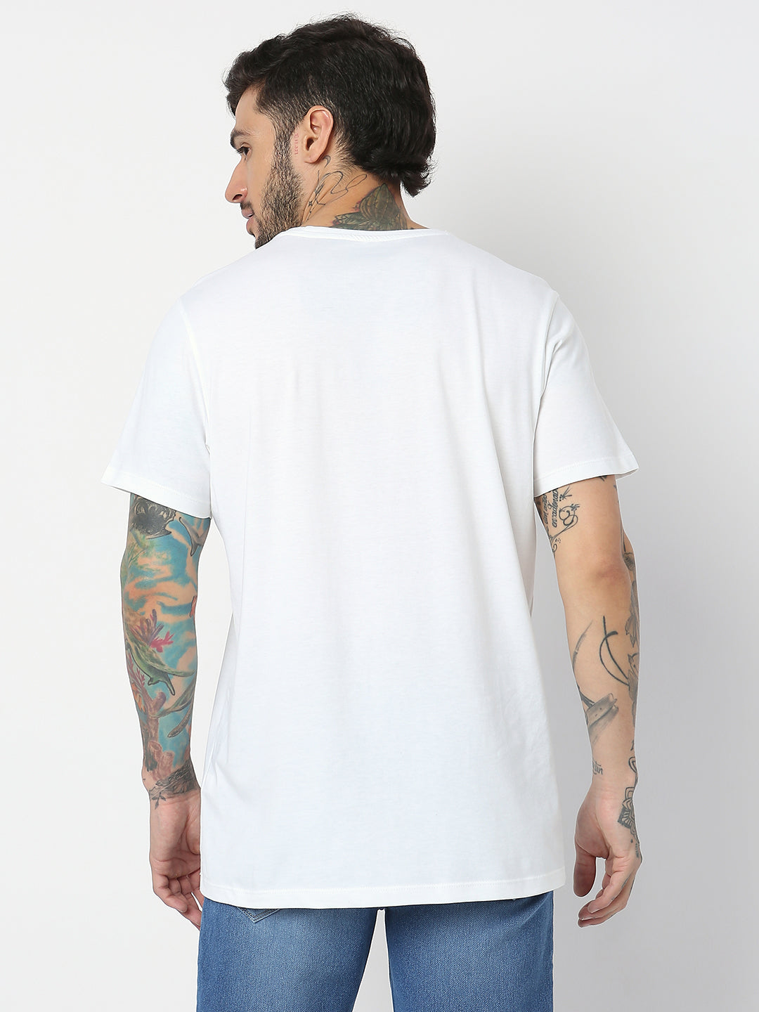 Spykar Men White Cotton Slim Fit Round Neck Printed T-Shirt