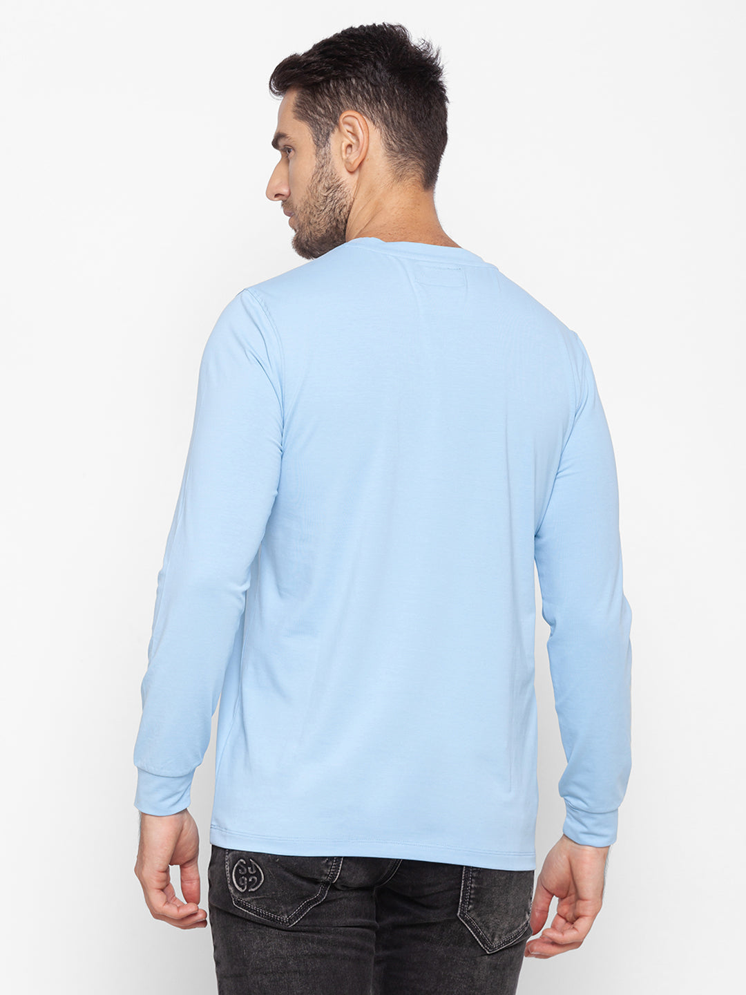 Spykar Men Blue Cotton Slim Fit Round Neck T-Shirt