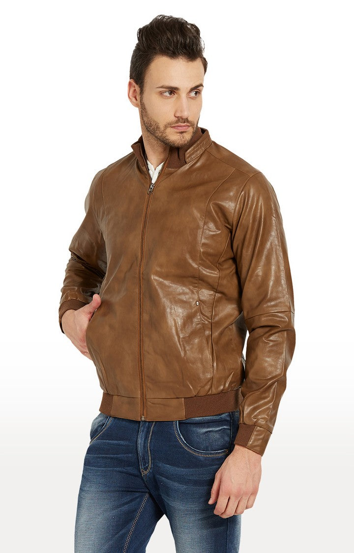 Spykar Men Tan Solid Regular Fit Leather Jacket