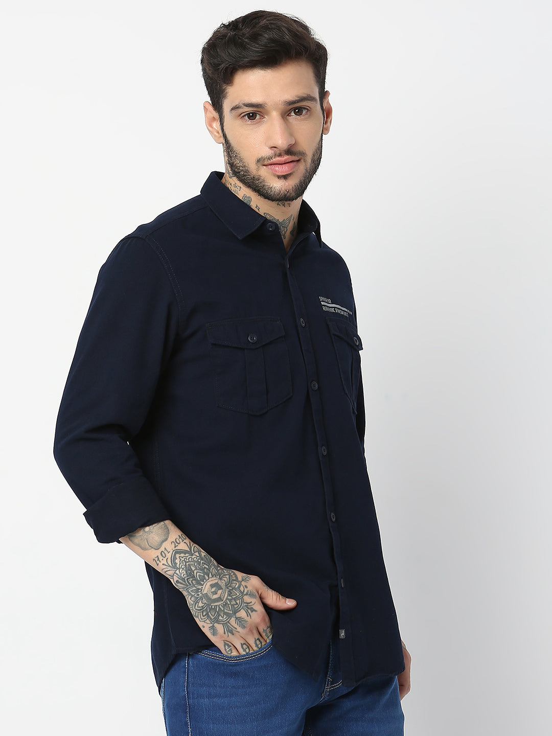 Spykar Men Navy Blue Cotton Slim Fit Plain Shirts