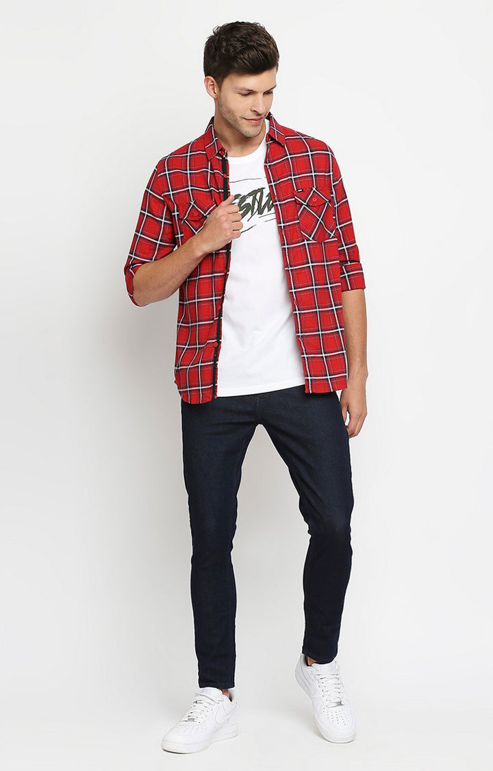 Spykar Men Red Slim Fit Full Sleeve Checkered Shirt