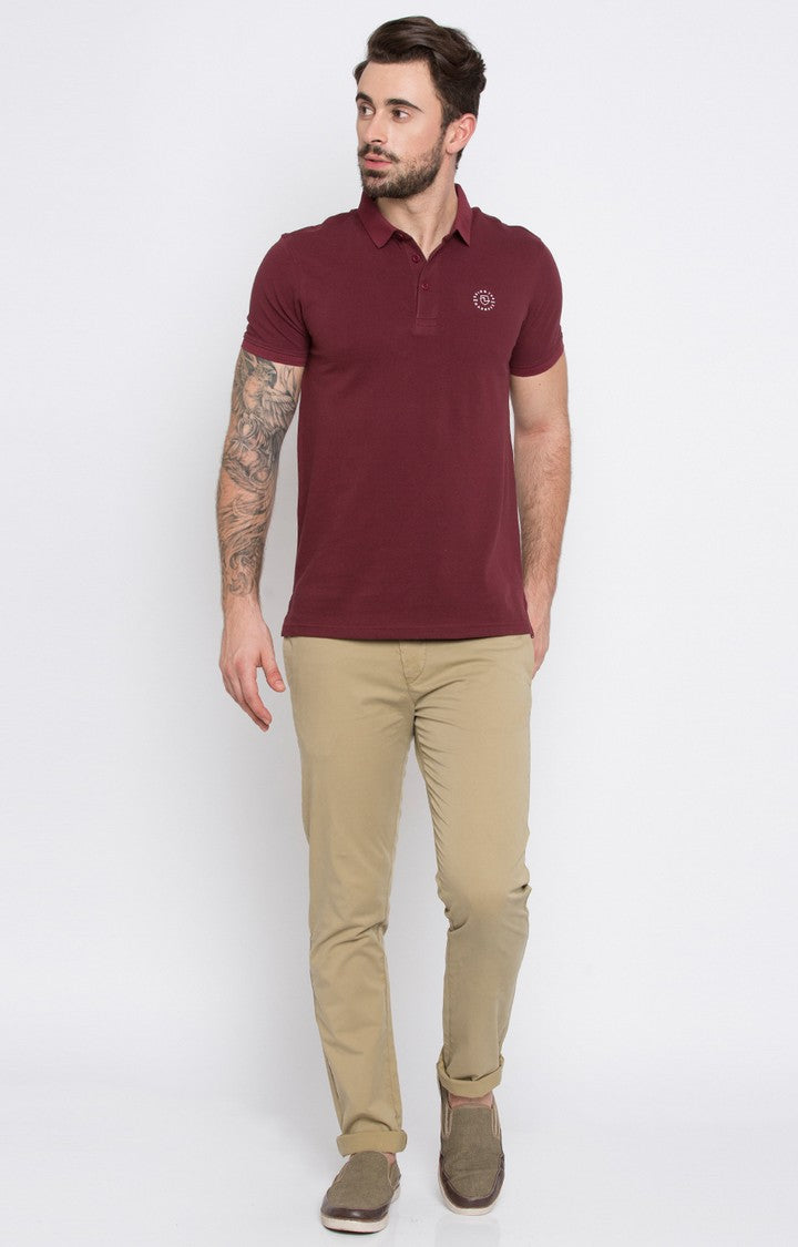 Spykar Wine Solid Slim Fit Polo T-Shirt