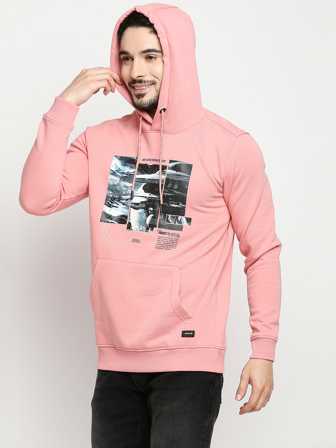 Spykar Dusty Pink Cotton Full Sleeve Hooded Sweatshirt For Men