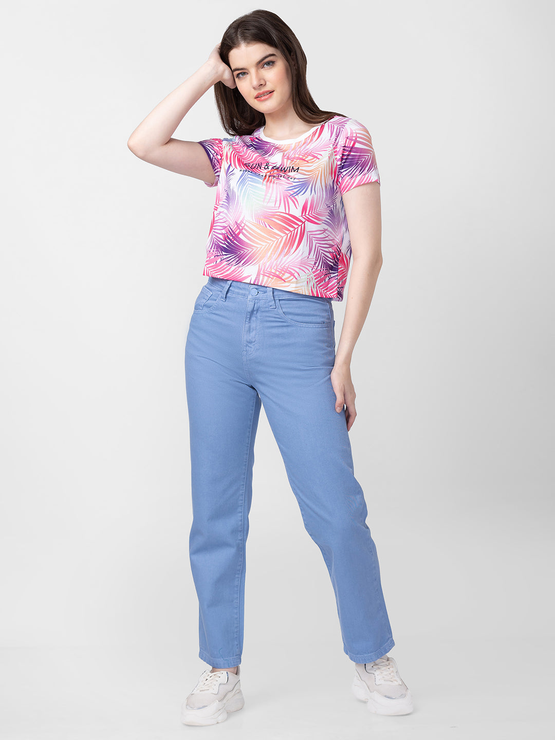 Spykar Women White Cotton Slim Fit Floral T-Shirts