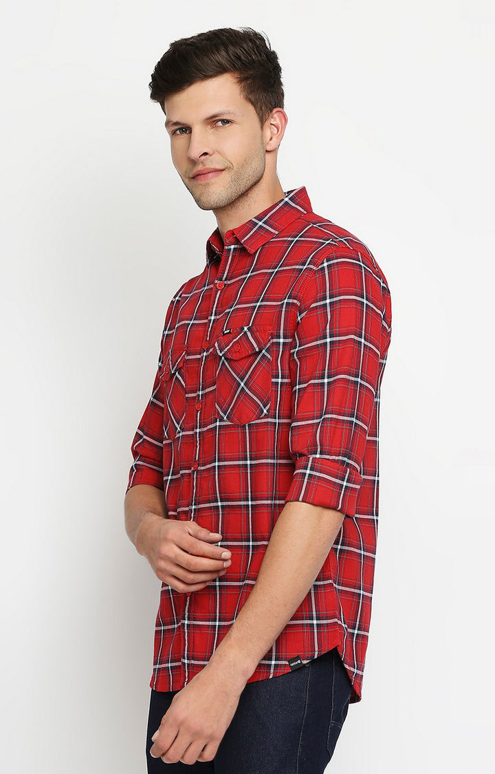 Spykar Men Red Slim Fit Full Sleeve Checkered Shirt