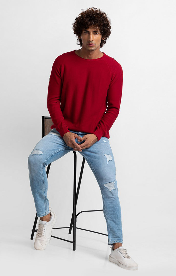 Spykar Deep Red Cotton Full Sleeve Casual Sweater For Men