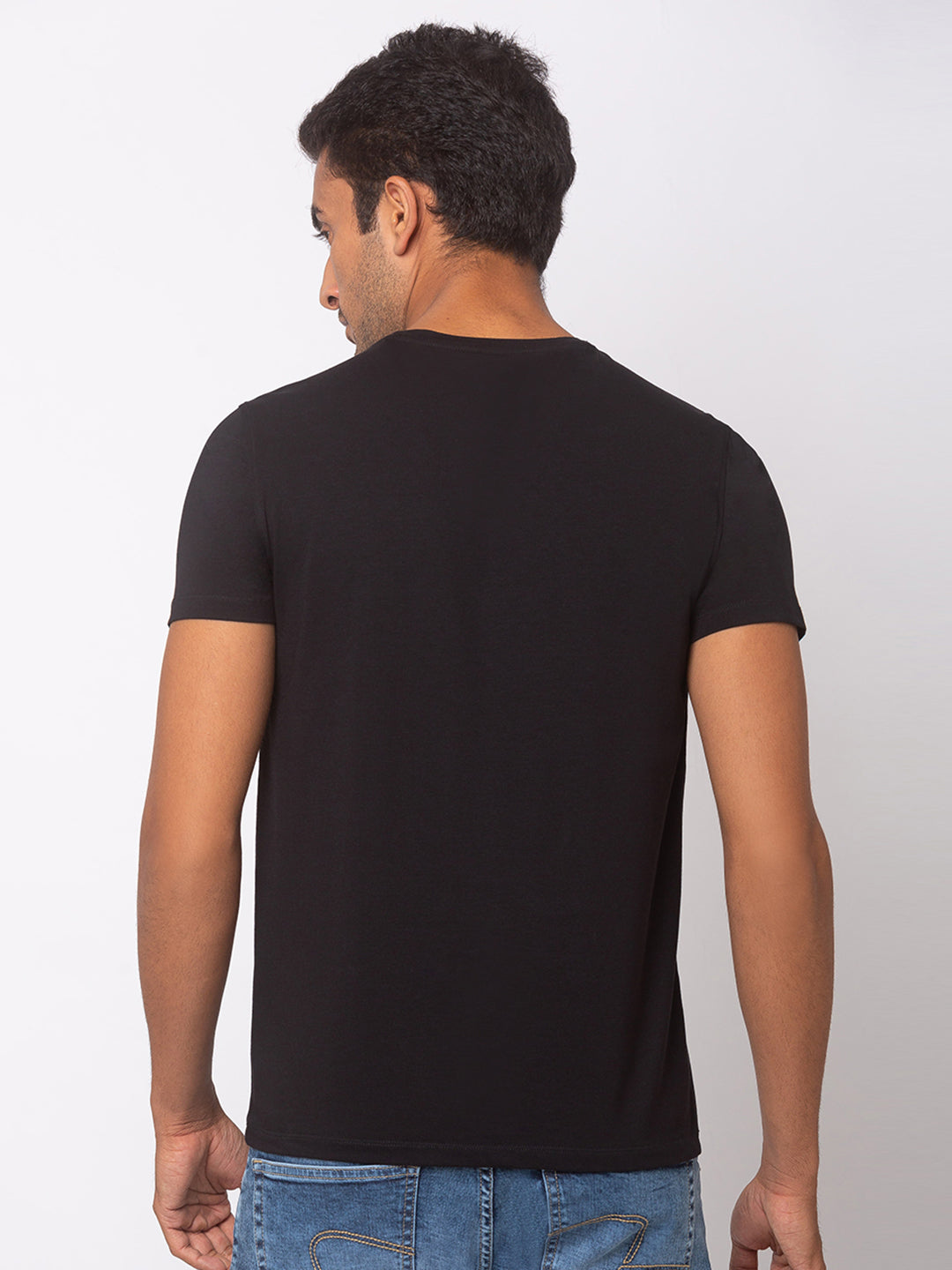 Spykar Men Black Cotton Slim Fit Round Neck T-Shirt