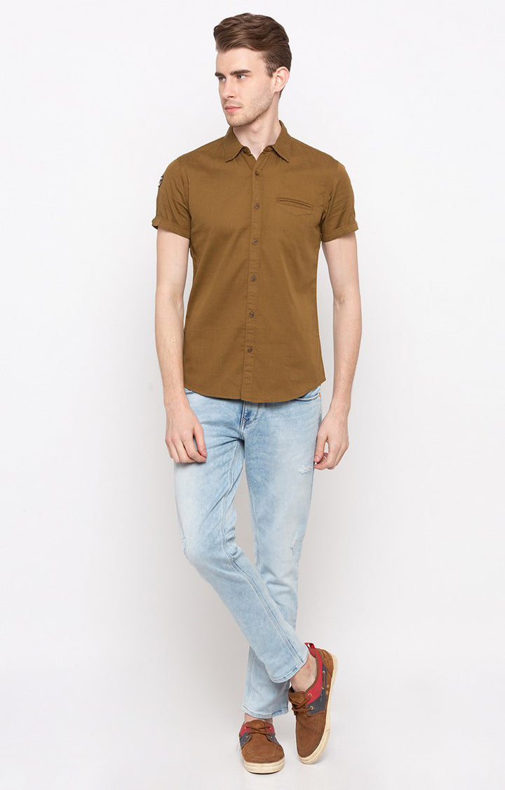 Spykar Men'S Brown Cotton Solid Casual Shirts