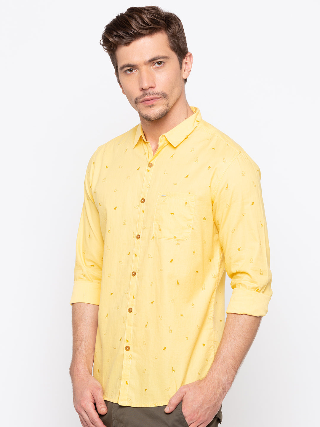 Spykar Men Yellow Printed Slim Fit Casual Shirt