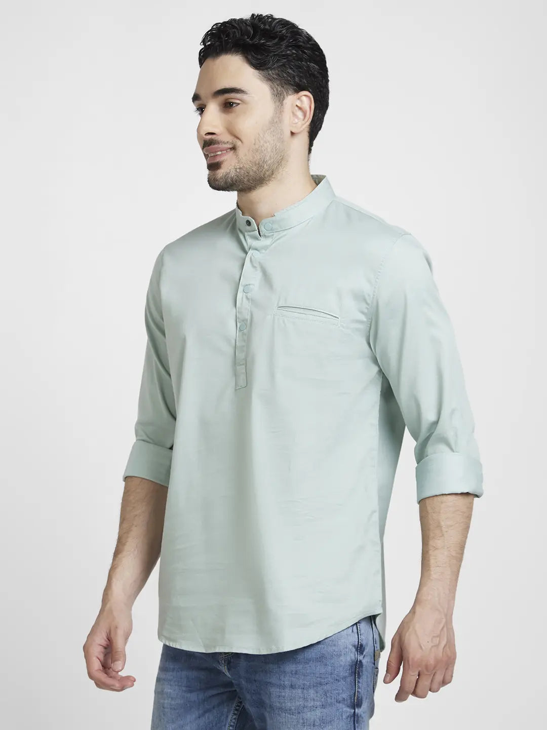 Spykar Men Sage Green Cotton Linen Slim Fit M and arin Collar Plain Kurta