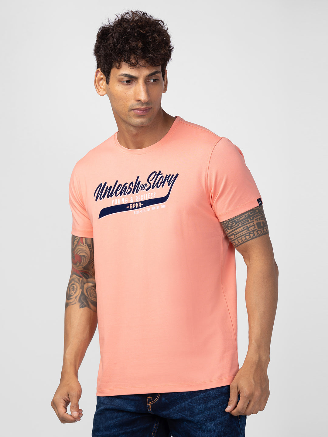 Spykar Men Peach Cotton Regular Fit Half Sleeve Printed T-Shirt