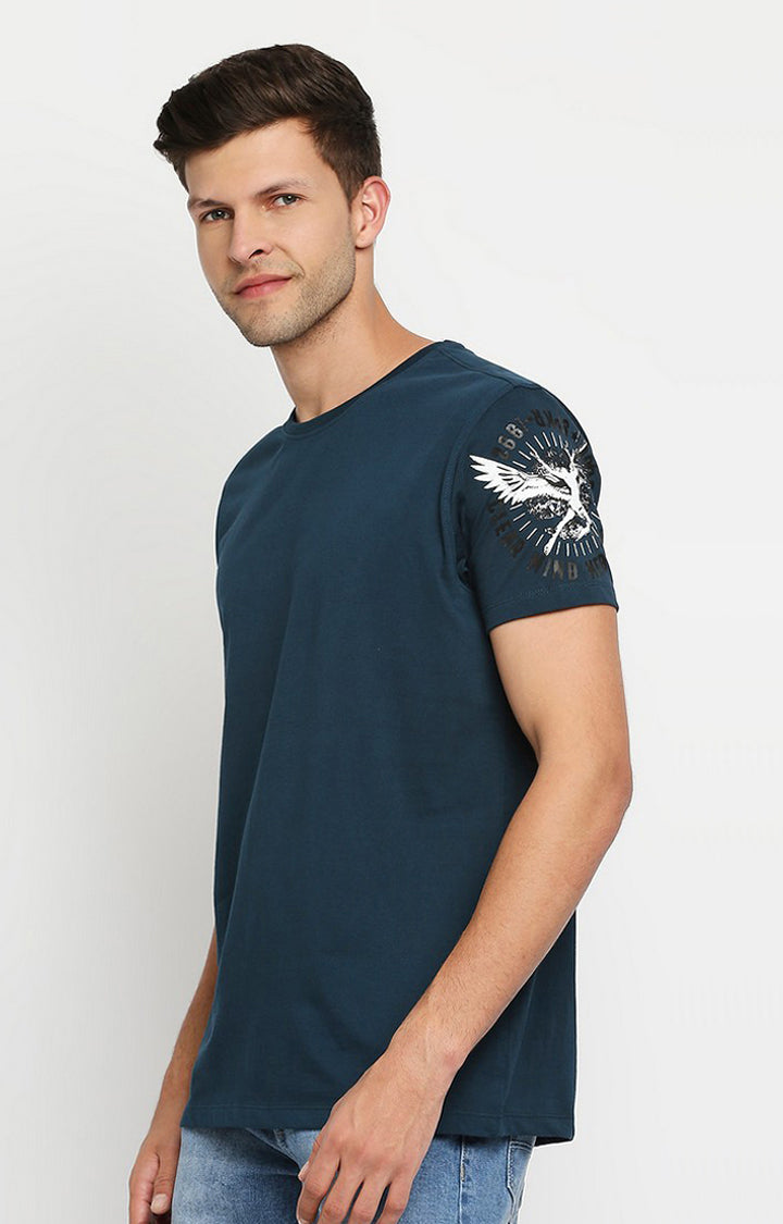 Spykar Men Blue Cotton Printed Half Sleeve T-Shirt