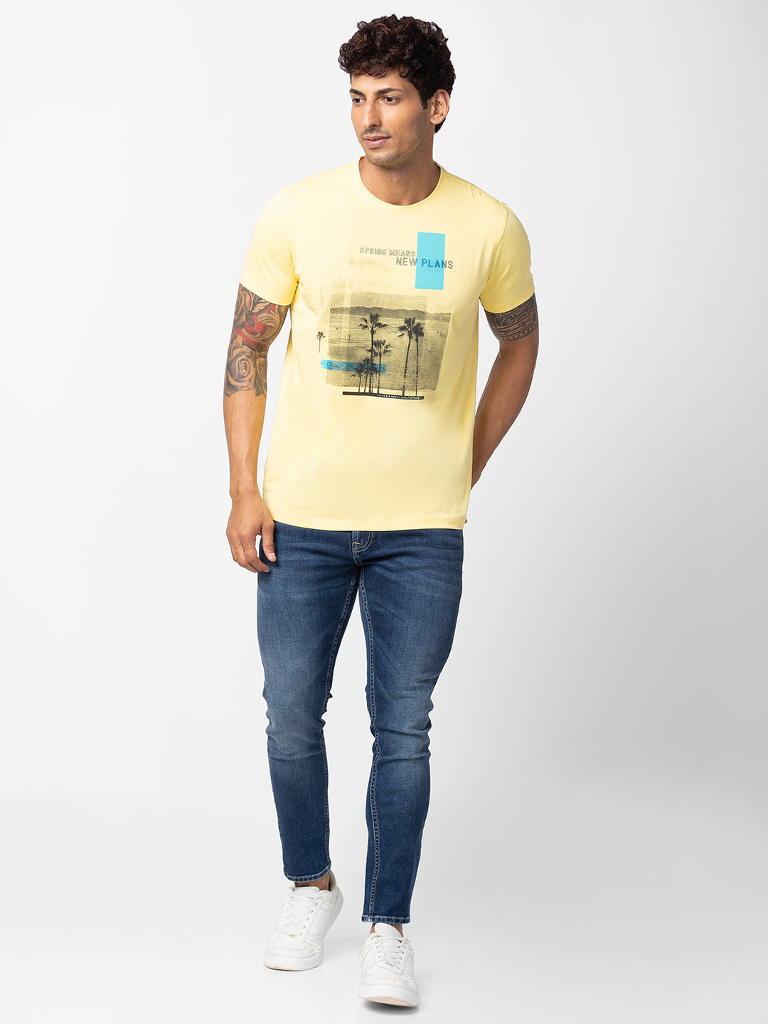 Spykar Men Yellow Cotton Regular Fit Half Sleeve Printed T-Shirt