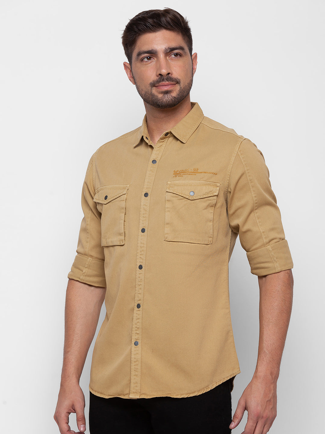 Spykar Camel Khaki Cotton Full Sleeve Plain Shirt For Men