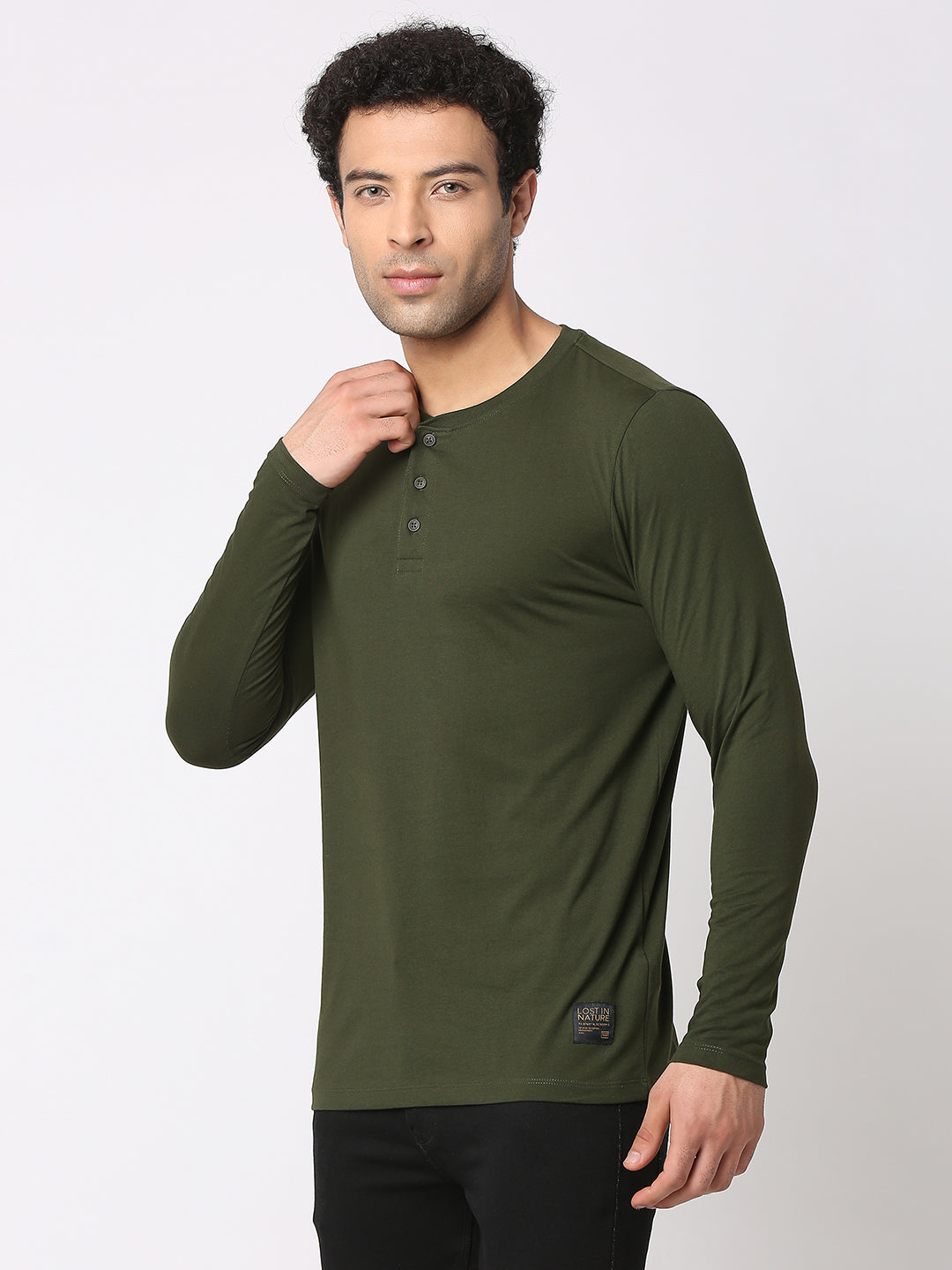 Spykar Men Rifle Green Cotton Slim Fit Henley Neck Plain T-Shirt