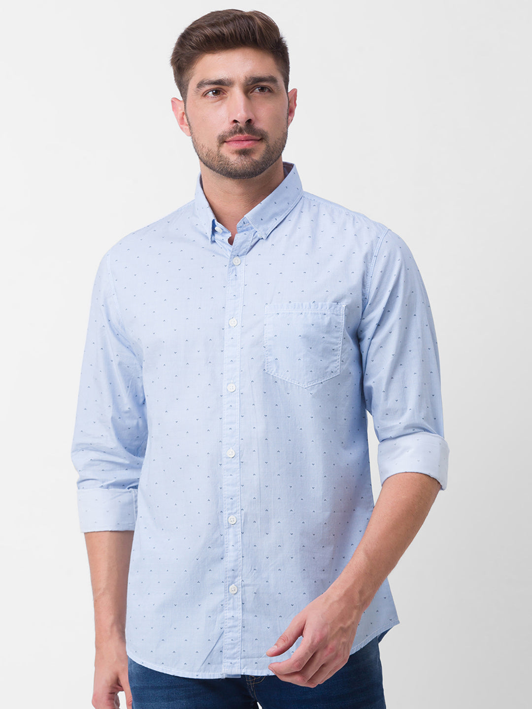 Spykar Sky Blue Cotton Full Sleeve Printed Shirt For Men