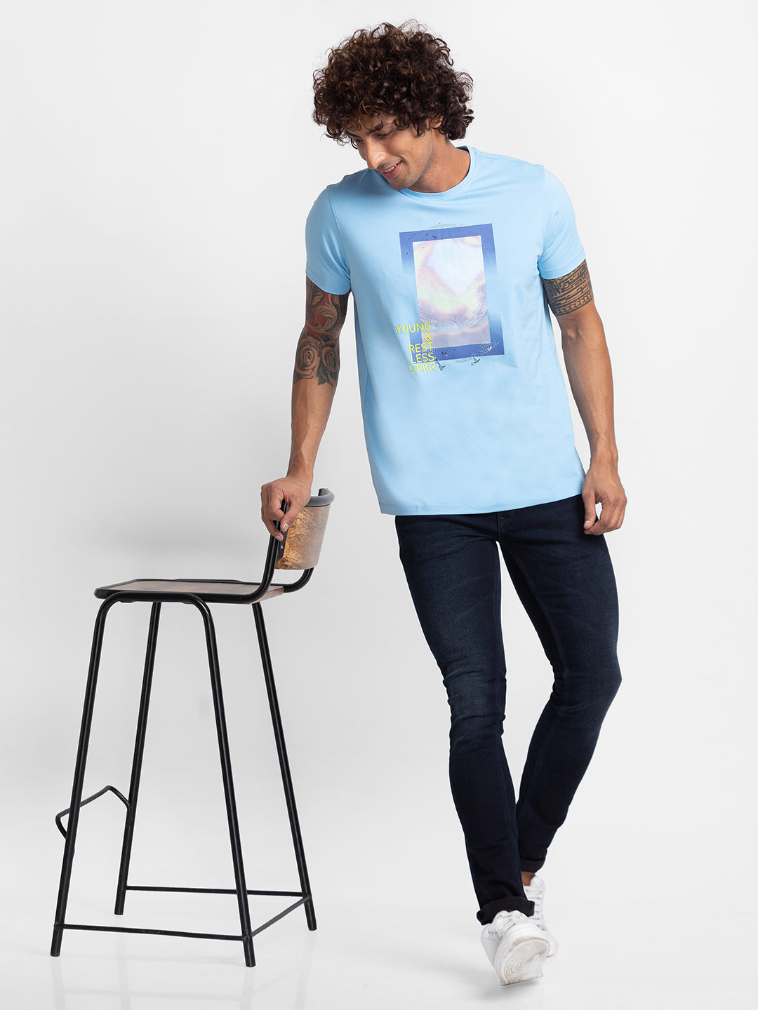 Spykar Powder Blue Cotton Half Sleeve Printed Casual T-Shirt For Men