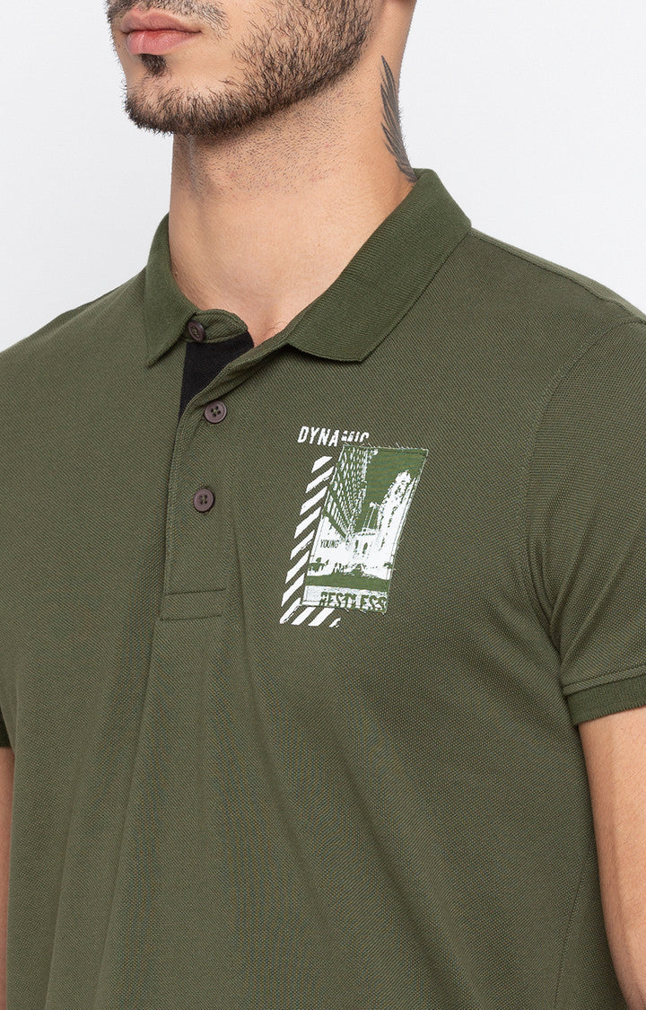 Spykar Olive Solid Slim Fit Polo T-Shirt